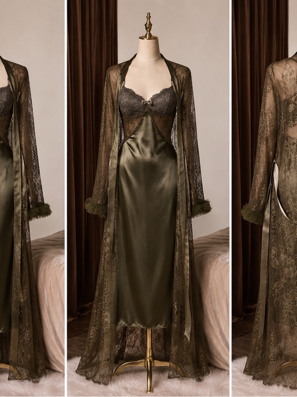 Olive Satin & Lace Long Robe Set - Luxury Women's Sleepwear